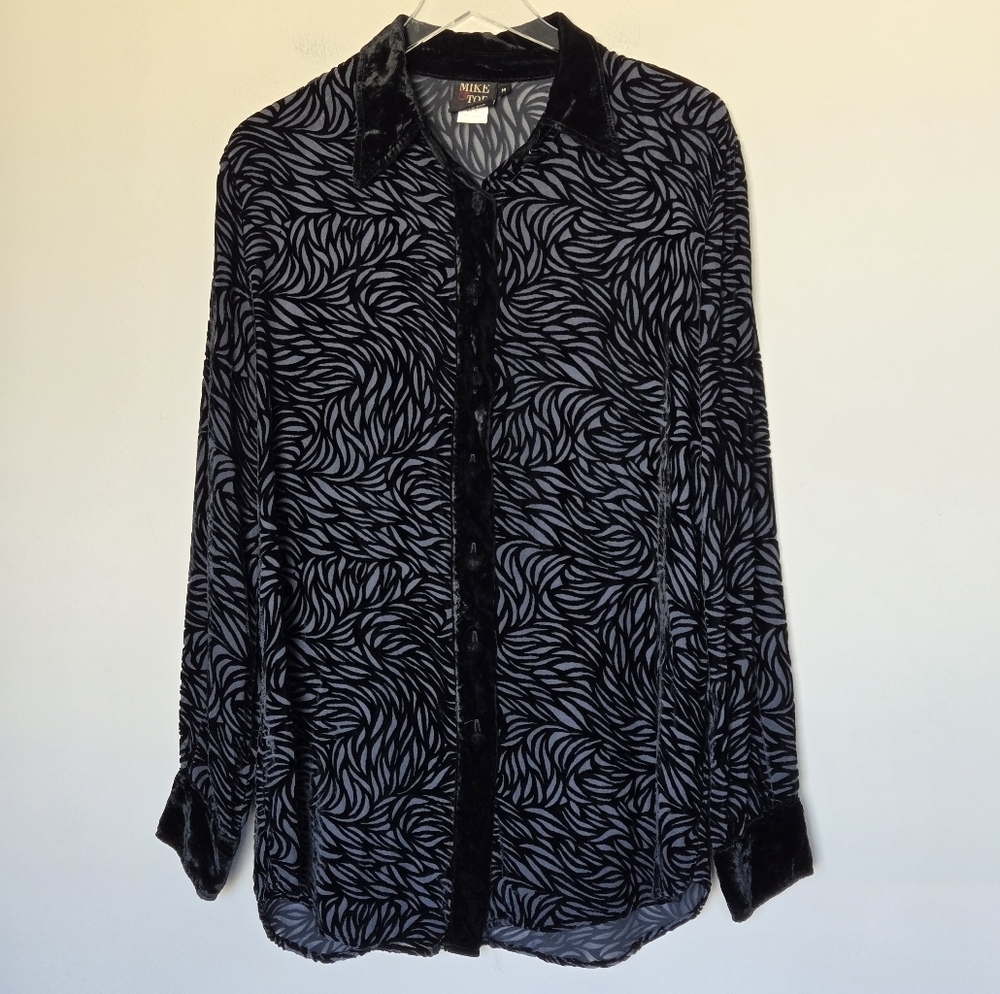 Mike & Tod Silk Blend Velvet Burnt-Out Long Sleeve Sheer Blouse Black Size M